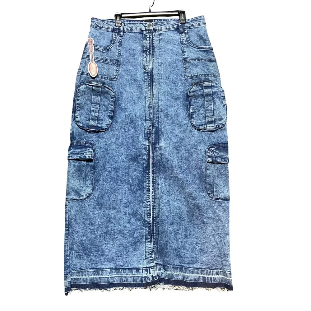 Spoon Jeans Acid Wash Denim Maxi Cargo Skirt 3XL (20)‎ Front Slit Y2K 90s NWT
